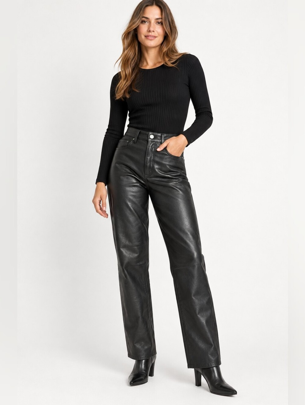 Aritzia The Melina Vegan Soft Leather Straight Leg Pants Sz 00 Black 26" Inseam